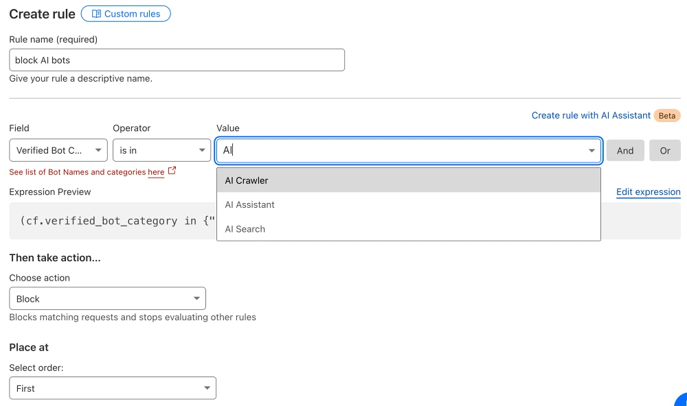 Cloudflare rule to block AI bots